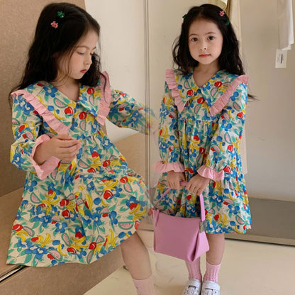 [507691] - Dress Kerah Lengan Panjang Anak Perempuan - Motif Fruit Flowers