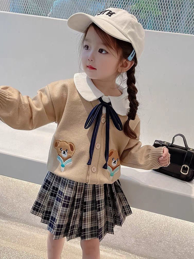 [507723] - Setelan Jaket Cardigan Rok Pendek Anak Perempuan - Motif Bear Tie