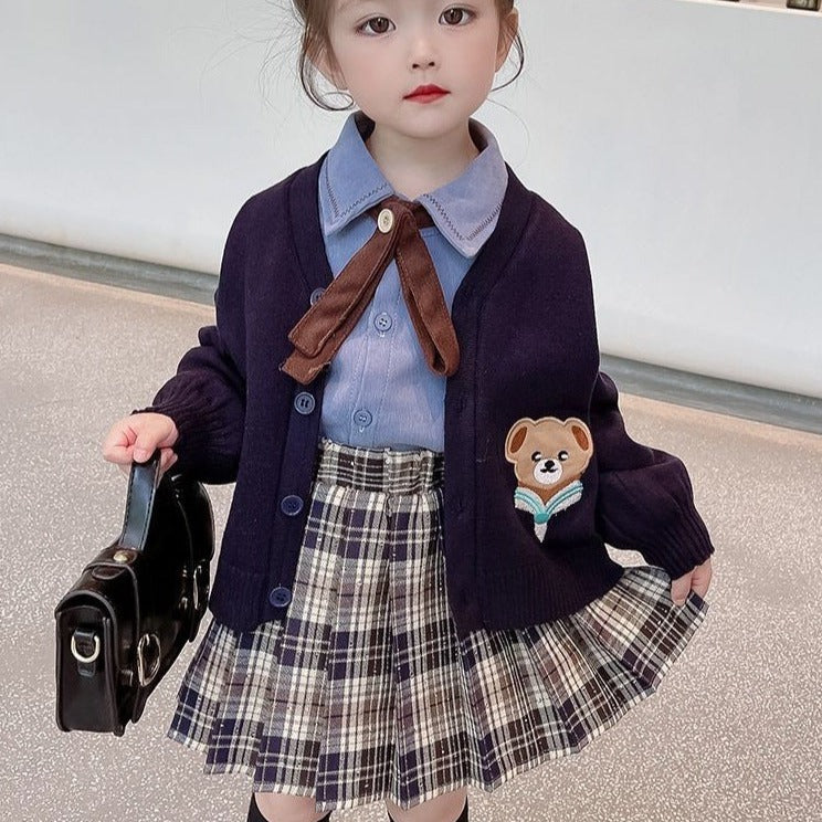 [507723] - Setelan Jaket Cardigan Rok Pendek Anak Perempuan - Motif Bear Tie