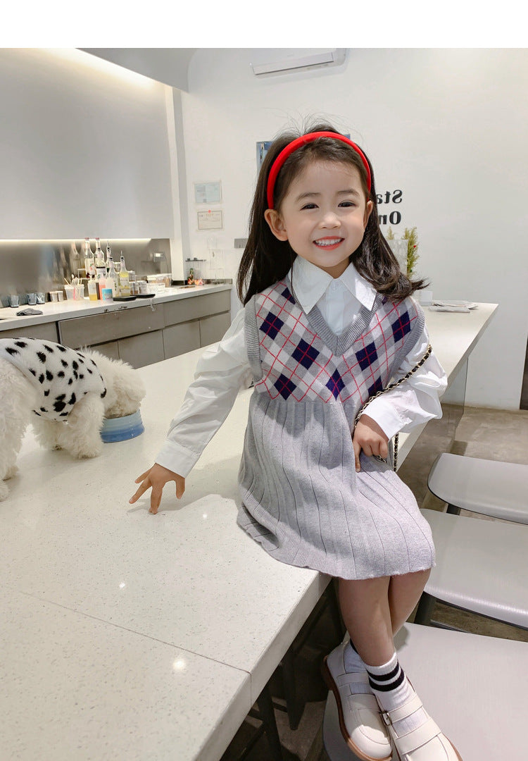 [507727] - Dress Rompi Rajut Lengan Kutung Anak Perempuan - Motif Rhombus Pattern
