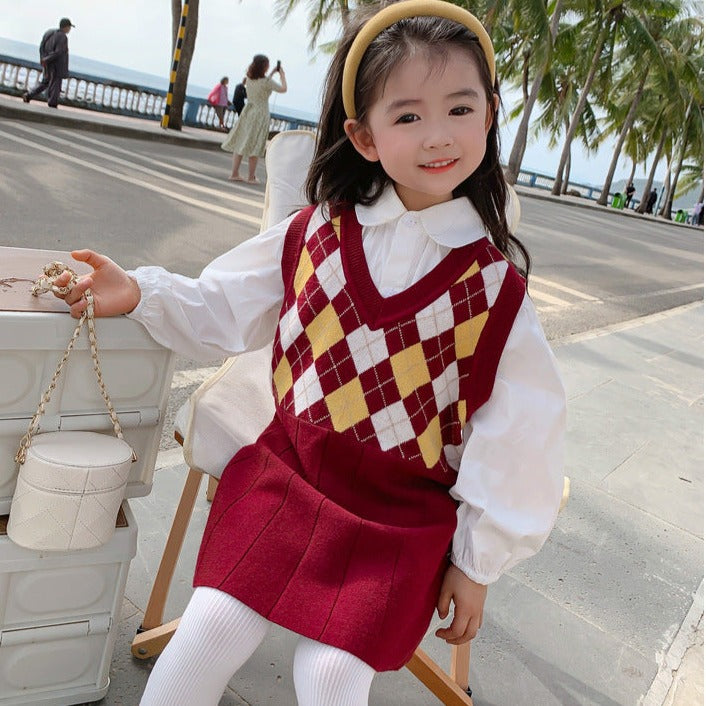 [507727] - Dress Rompi Rajut Lengan Kutung Import Anak Perempuan - Motif Rhombus Pattern