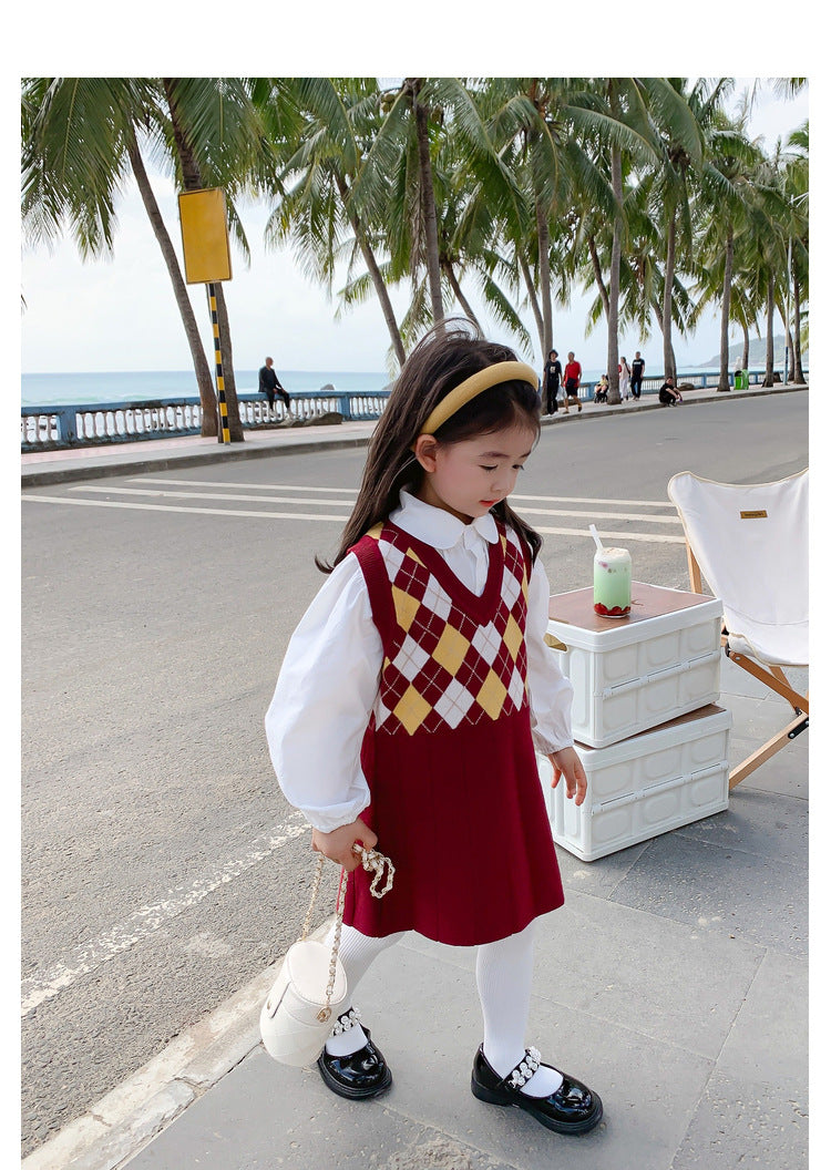 [507727] - Dress Rompi Rajut Lengan Kutung Anak Perempuan - Motif Rhombus Pattern