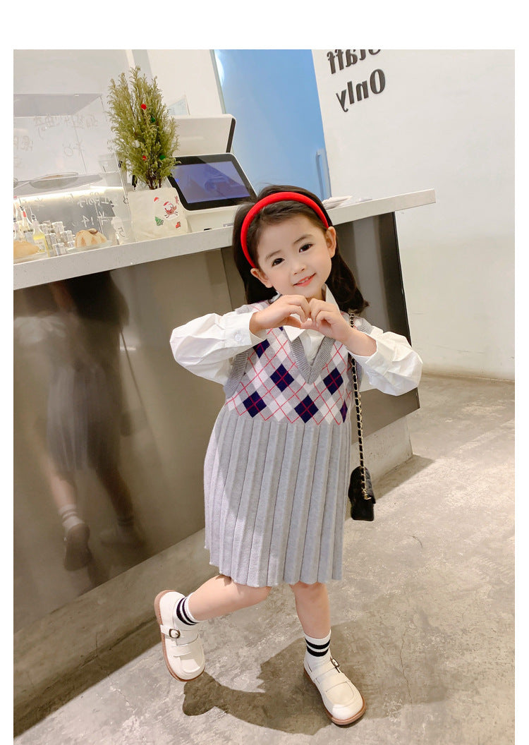 [507727] - Dress Rompi Rajut Lengan Kutung Anak Perempuan - Motif Rhombus Pattern