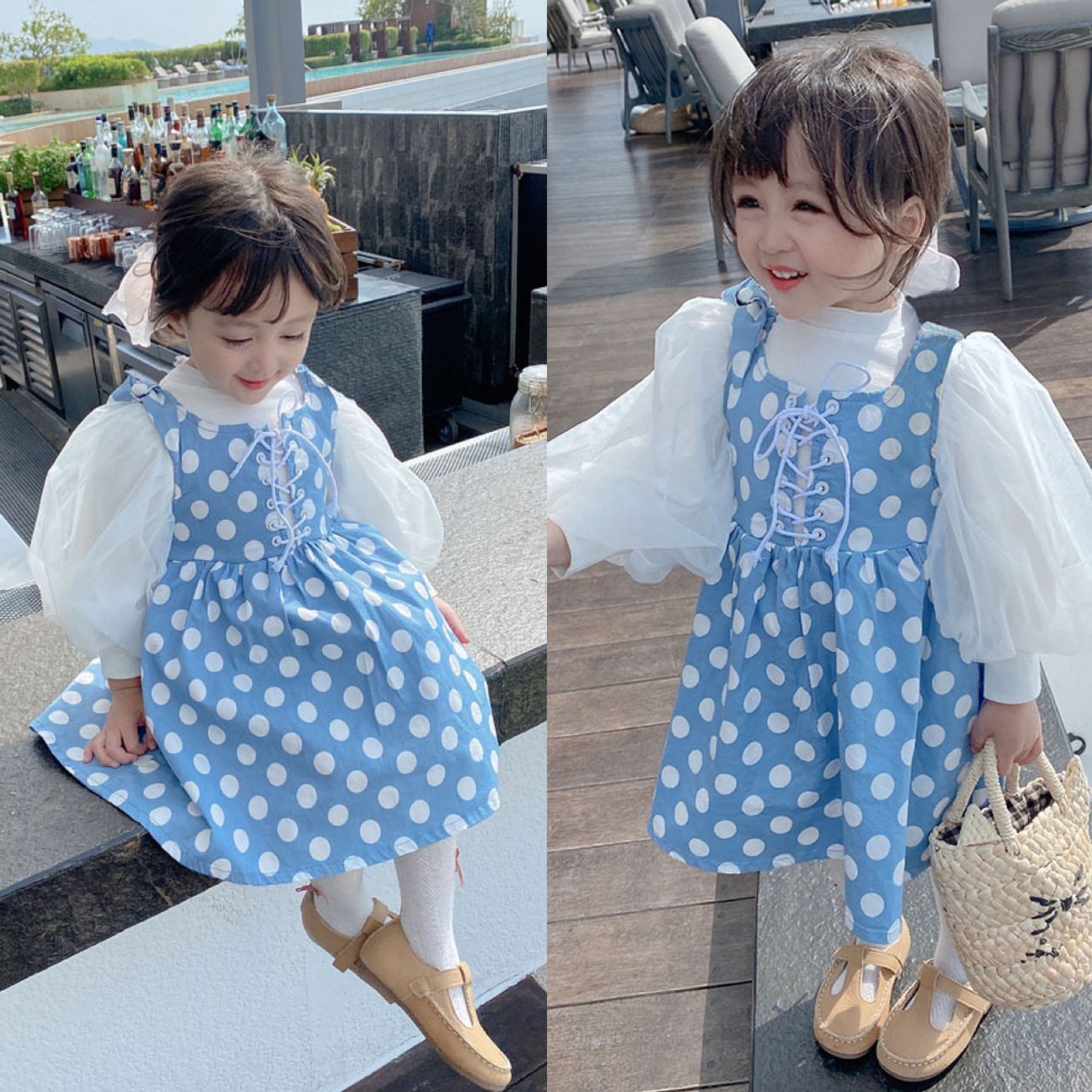 [507740] - Setelan Blouse Overall Polkadot Anak Perempuan - Motif Round Circle