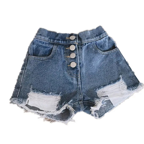 [508125-BLUE DENIM] - Celana Jeans Pendek Hot Pants Ribbed Sobek Denim Anak Perempuan Korea