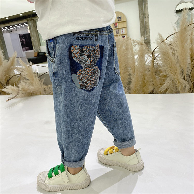 [508185] - Celana Jeans Panjang Anak Kekinian - Motif Bear Pouch