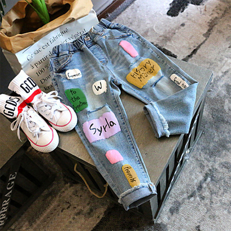 [508198] - Celana Panjang Jeans Sobek Tambal Anak Perempuan - Motif History Maker