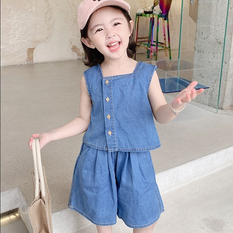 [508200] - Setelan Blouse Kutung Polos Celana Pendek Denim Anak Perempuan - Motif Casual Button