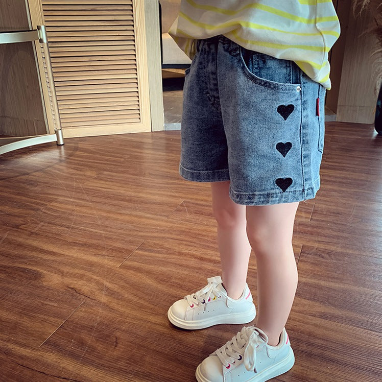[508202] - Celana Pendek Jeans Shortpants Anak Perempuan - Motif Black Heart
