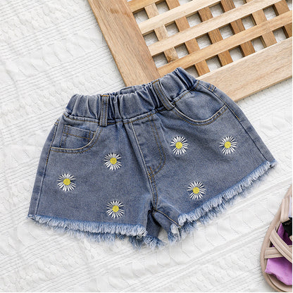 [508204] - Celana Pendek Jeans Rawis Bordir Anak Perempuan - Motif Little Flower