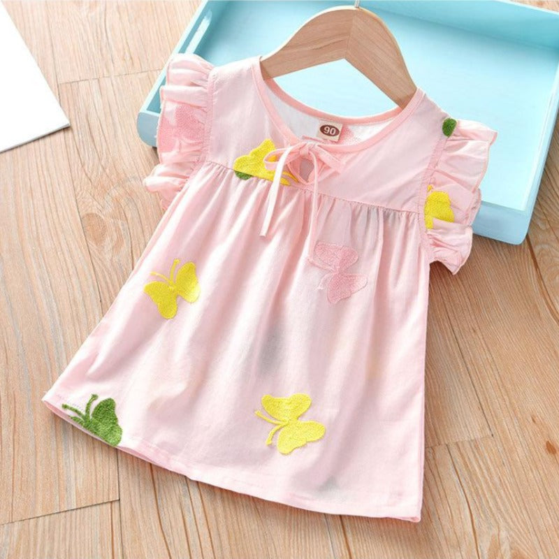 [511139-PINK] - Fashion Atasan Blouse Kutung Anak Import - Motif Bordir Flying Butterfly