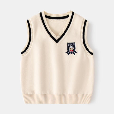 [513632] - Atasan Sweater Rompi Rajut Kutung Bordir Anak Laki-Laki - Motif Plain Bear