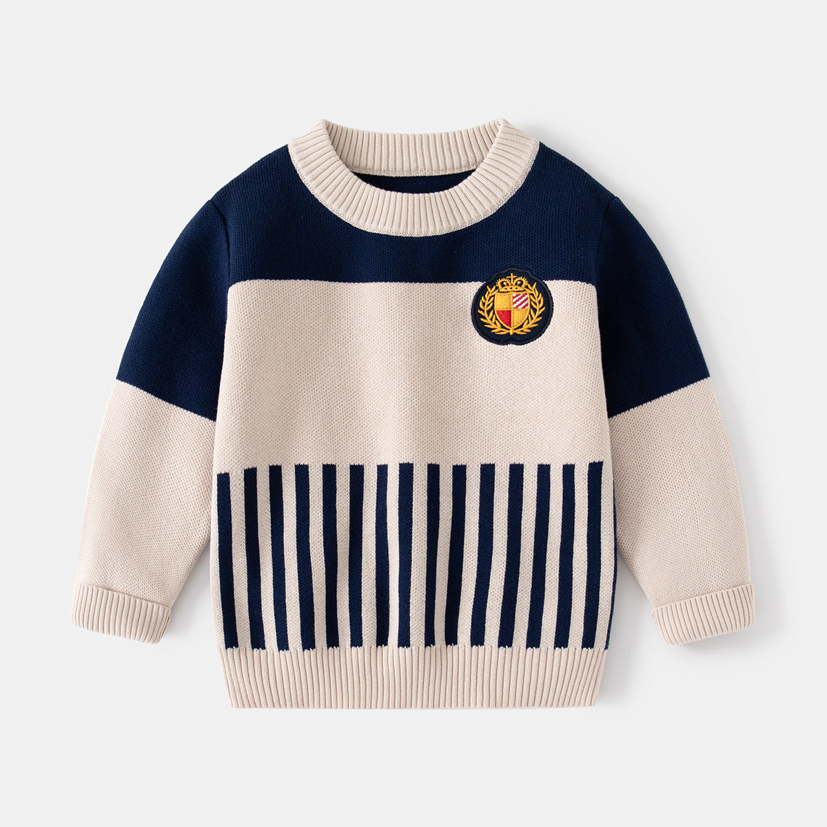 [513635] - Atasan Sweater Rajut Crewneck Bordir Anak Laki-Laki - Motif Strip Plain
