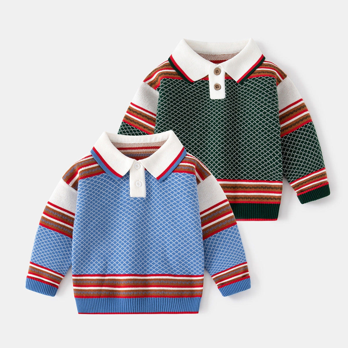 [513636] - Atasan Sweater Rajut Kerah Polo Import Anak Laki-Laki - Motif Striped Scales