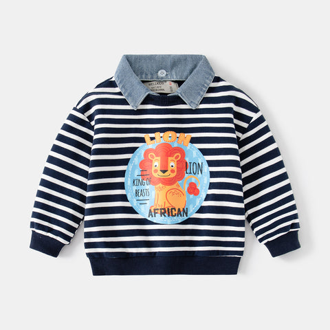 [513642] - Atasan Sweater Kerah Polo Belang-Belang Anak Laki-Laki - Motif Strip Lion