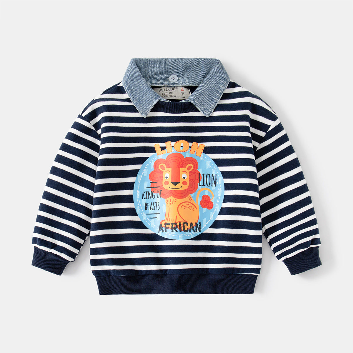 [513642] - Atasan Sweater Kerah Polo Belang-Belang Anak Laki-Laki - Motif Strip Lion