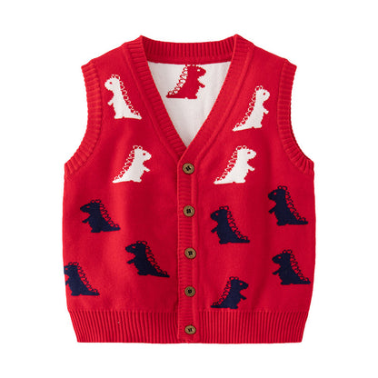 [513646] - Atasan Cardigan Rompi Vest Rajut Kancing Anak Laki-Laki - Motif Dino T-Rex