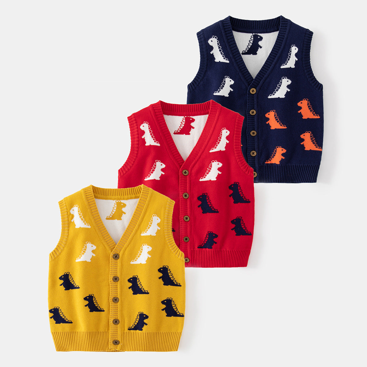 [513646] - Atasan Cardigan Rompi Vest Rajut Kancing Anak Laki-Laki - Motif Dino T-Rex