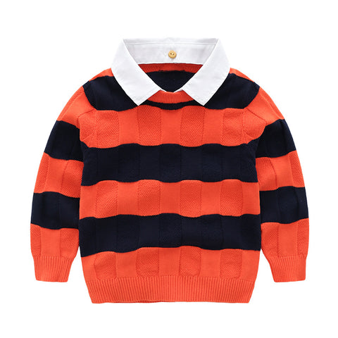 [513678] - Atasan Sweater Rajut Kerah Polo Anak Laki-Laki - Motif Big Stripe