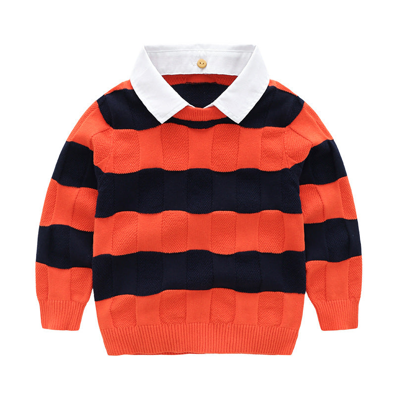 [513678] - Atasan Sweater Rajut Kerah Polo Anak Laki-Laki - Motif Big Stripe