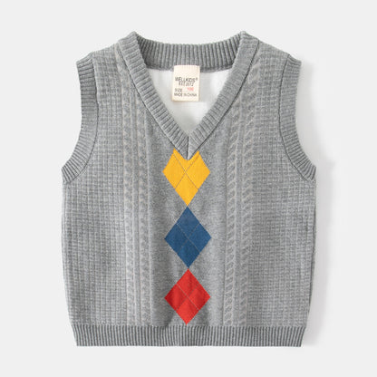 [513693] - Atasan Sweater Rompi Rajut Kutung Import Anak Laki-Laki - Motif Straight Diamond