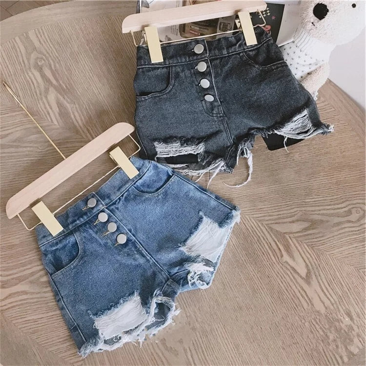 [508125-BLACK] - Celana Jeans Pendek Hot Pants Ribbed Sobek Denim Anak Perempuan Korea