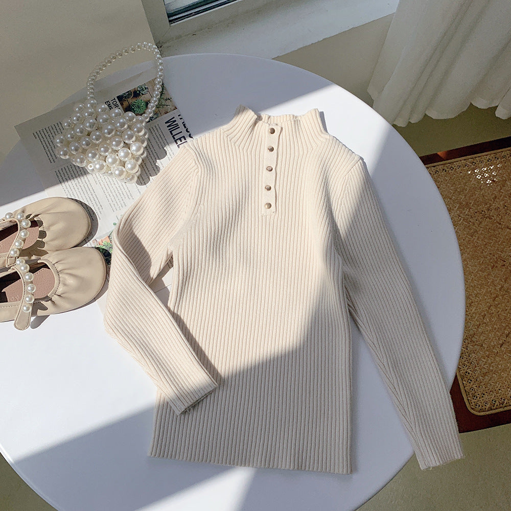 [602107] - Baju Atasan Lengan Panjang Kaos Sweater Rajut Turtleneck Anak Perempuan - Motif Button Collar