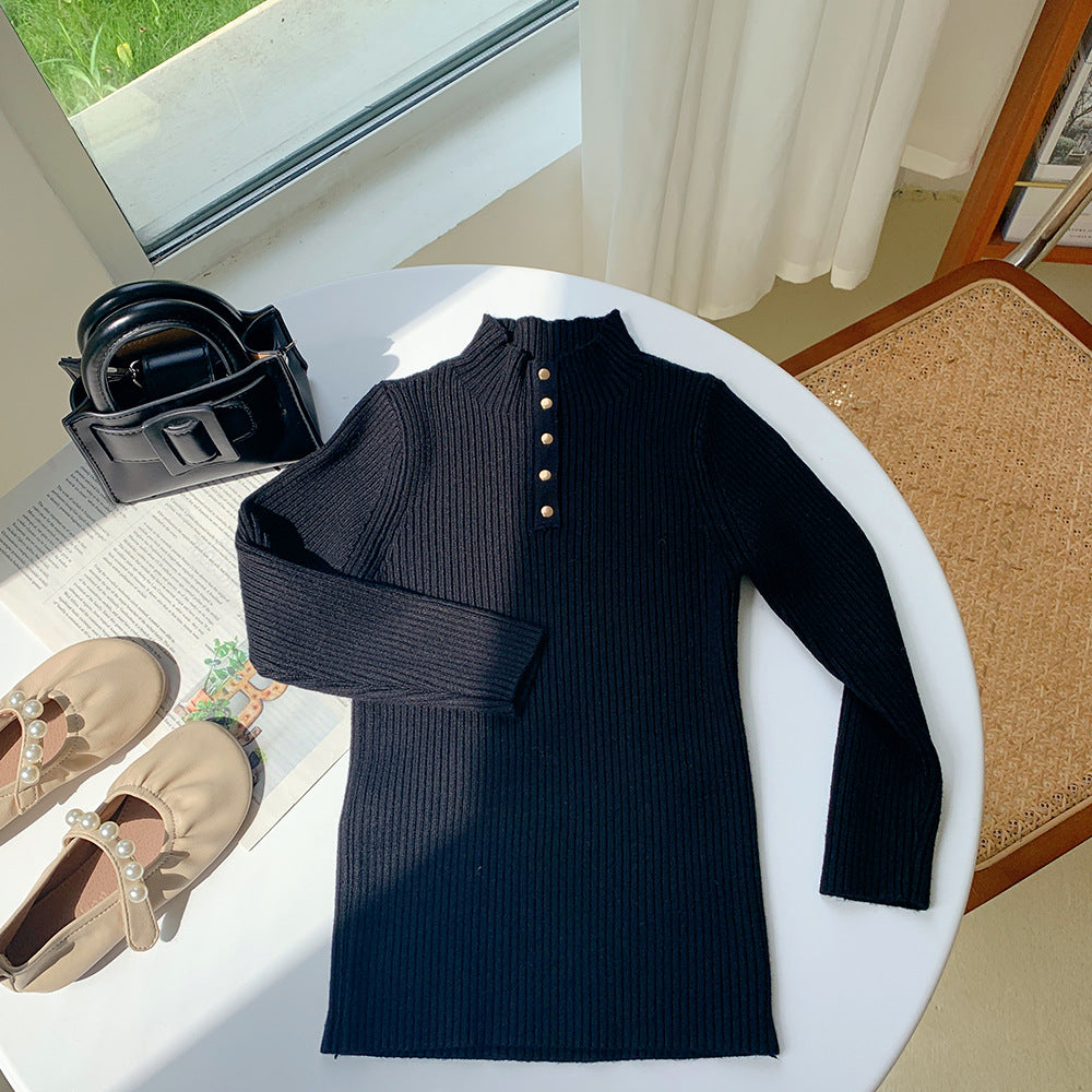[602107] - Baju Atasan Lengan Panjang Kaos Sweater Rajut Turtleneck Anak Perempuan - Motif Button Collar