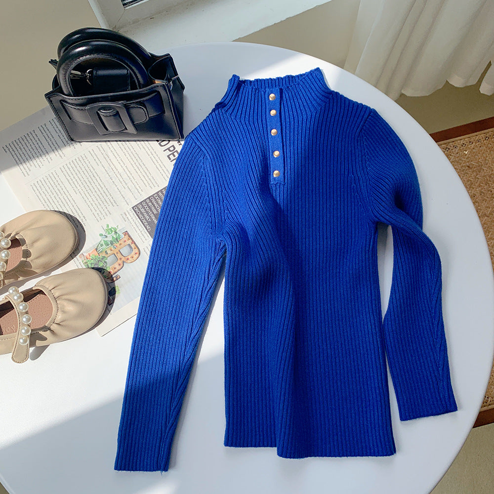 [602107] - Baju Atasan Lengan Panjang Kaos Sweater Rajut Turtleneck Anak Perempuan - Motif Button Collar