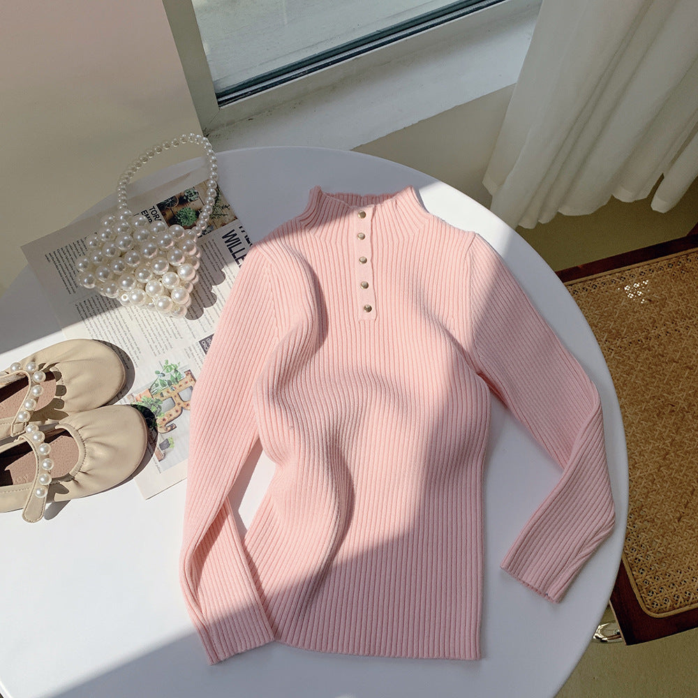 [602107] - Baju Atasan Lengan Panjang Kaos Sweater Rajut Turtleneck Anak Perempuan - Motif Button Collar