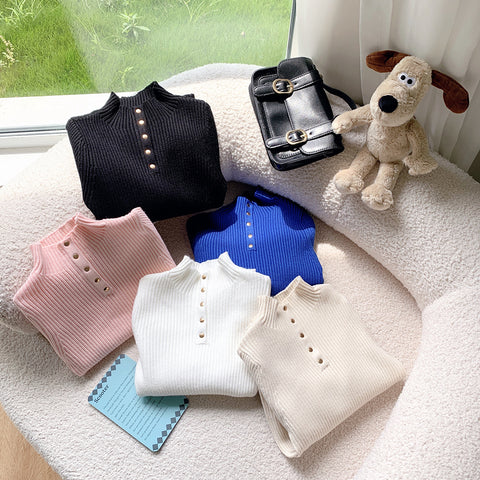 [602107] - Baju Atasan Lengan Panjang Kaos Sweater Rajut Turtleneck Anak Perempuan - Motif Button Collar