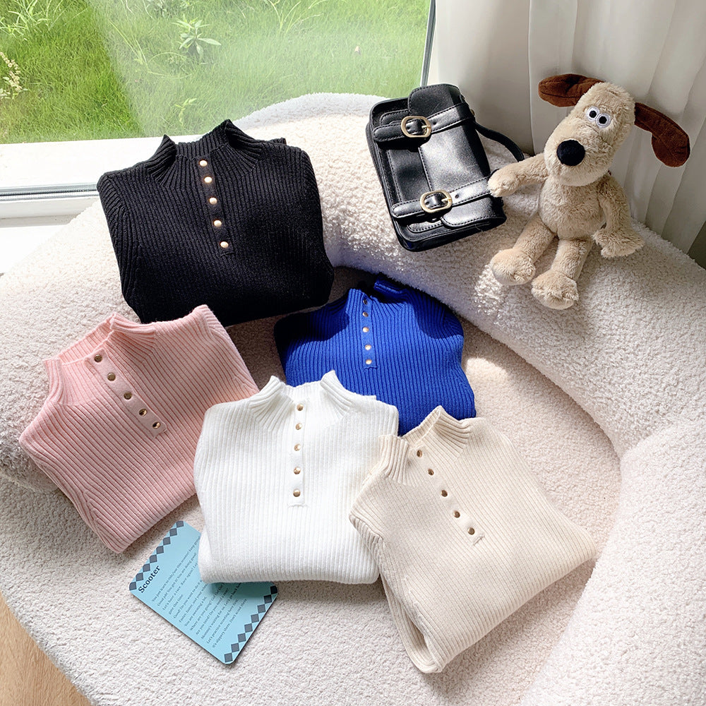 [602107] - Baju Atasan Lengan Panjang Kaos Sweater Rajut Turtleneck Anak Perempuan - Motif Button Collar