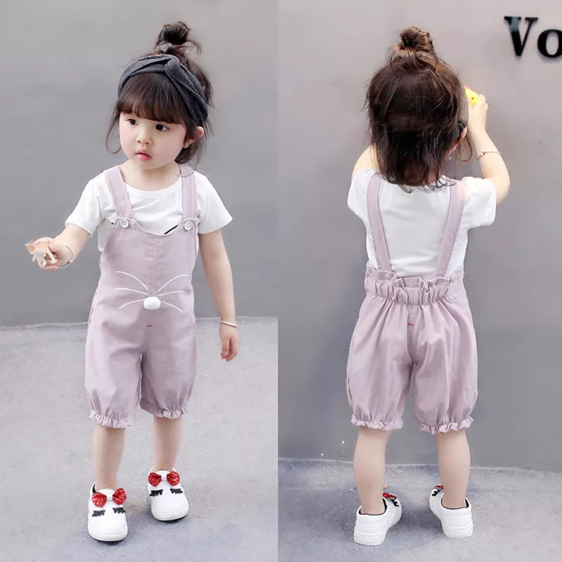 [102244-PENDEK] - Baju Setelan Overall Anak - Motif Pom Pom Mustache