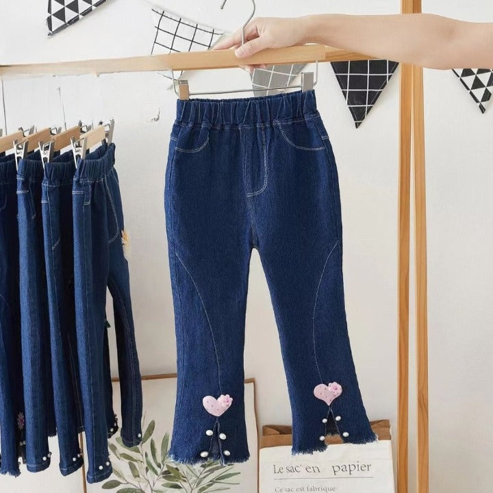 [001425] - Bawahan Celana Panjang Jeans Cutbray Anak Perempuan - Motif Pearl Heart