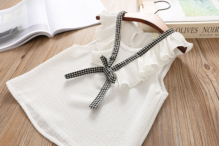 [363154-WHITE] - Setelan Fashion Anak Perempuan Modis / Setelan Anak - Motif Gingham Ribbon