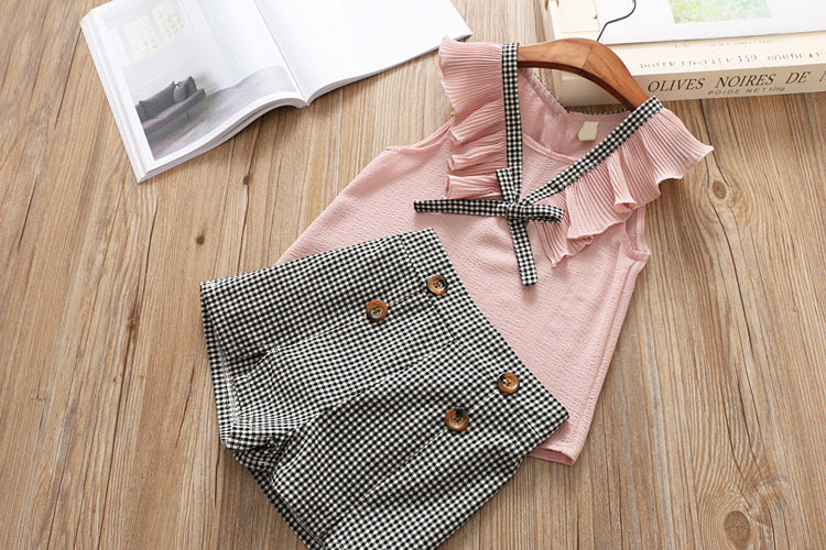 [363154-WHITE] - Setelan Fashion Anak Perempuan Modis / Setelan Anak - Motif Gingham Ribbon