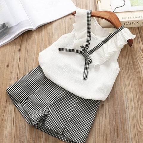 [363154-WHITE] - Setelan Fashion Anak Perempuan Modis / Setelan Anak - Motif Gingham Ribbon