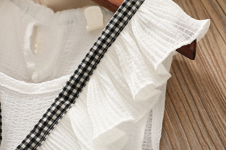 [363154-WHITE] - Setelan Fashion Anak Perempuan Modis / Setelan Anak - Motif Gingham Ribbon