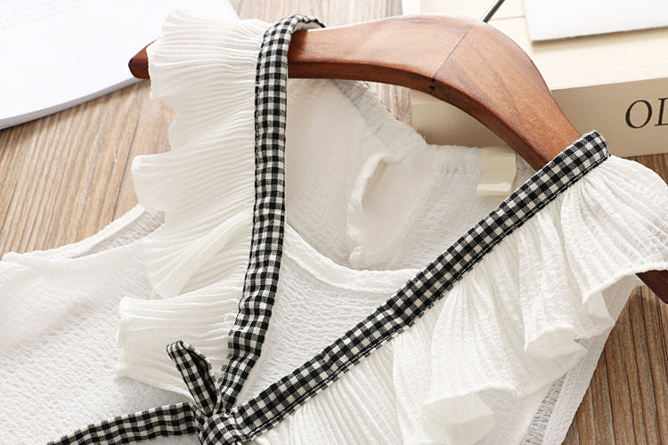 [363154-WHITE] - Setelan Fashion Anak Perempuan Modis / Setelan Anak - Motif Gingham Ribbon