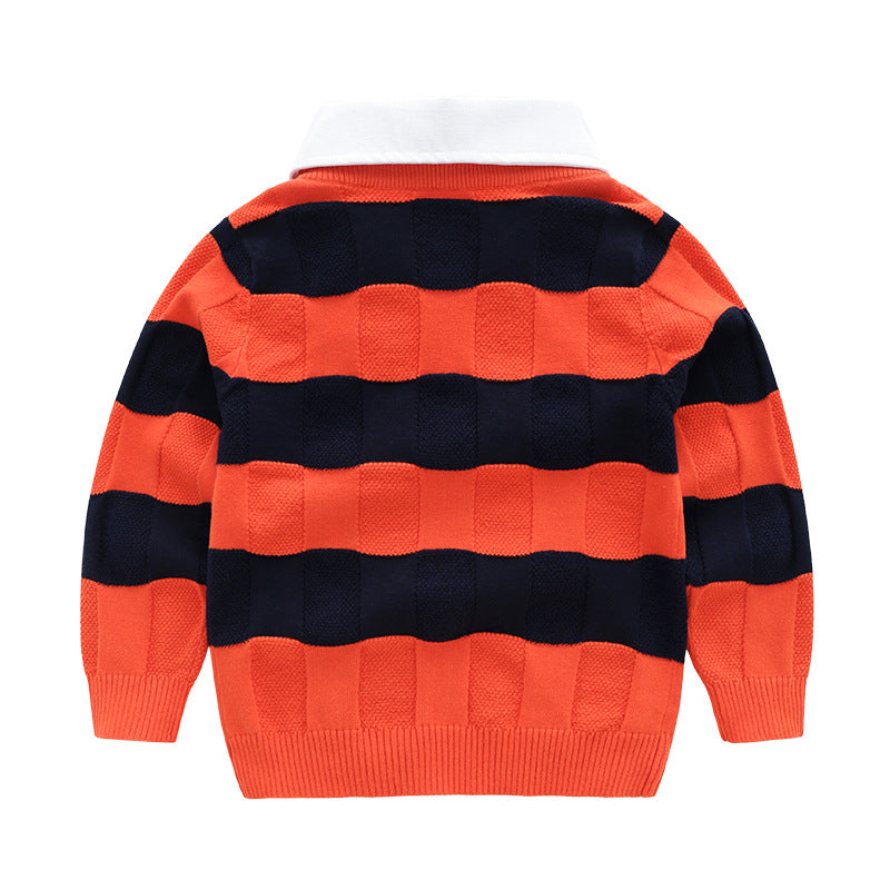 [513678] - Atasan Sweater Rajut Kerah Polo Anak Laki-Laki - Motif Big Stripe