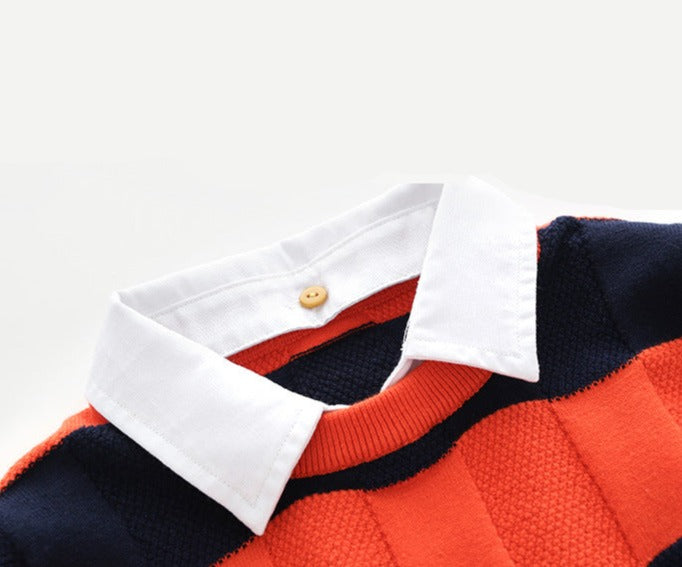 [513678] - Atasan Sweater Rajut Kerah Polo Anak Laki-Laki - Motif Big Stripe