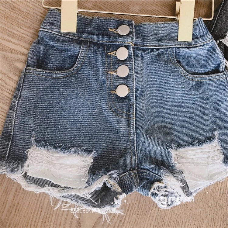 [508125-BLUE DENIM] - Celana Jeans Pendek Hot Pants Ribbed Sobek Denim Import Anak Perempuan Korea