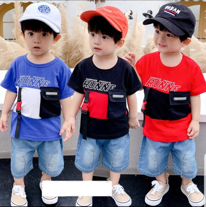 [001397] - Setelan Kaos Celana Pendek Jeans Anak Cowok - Motif Plain Runne