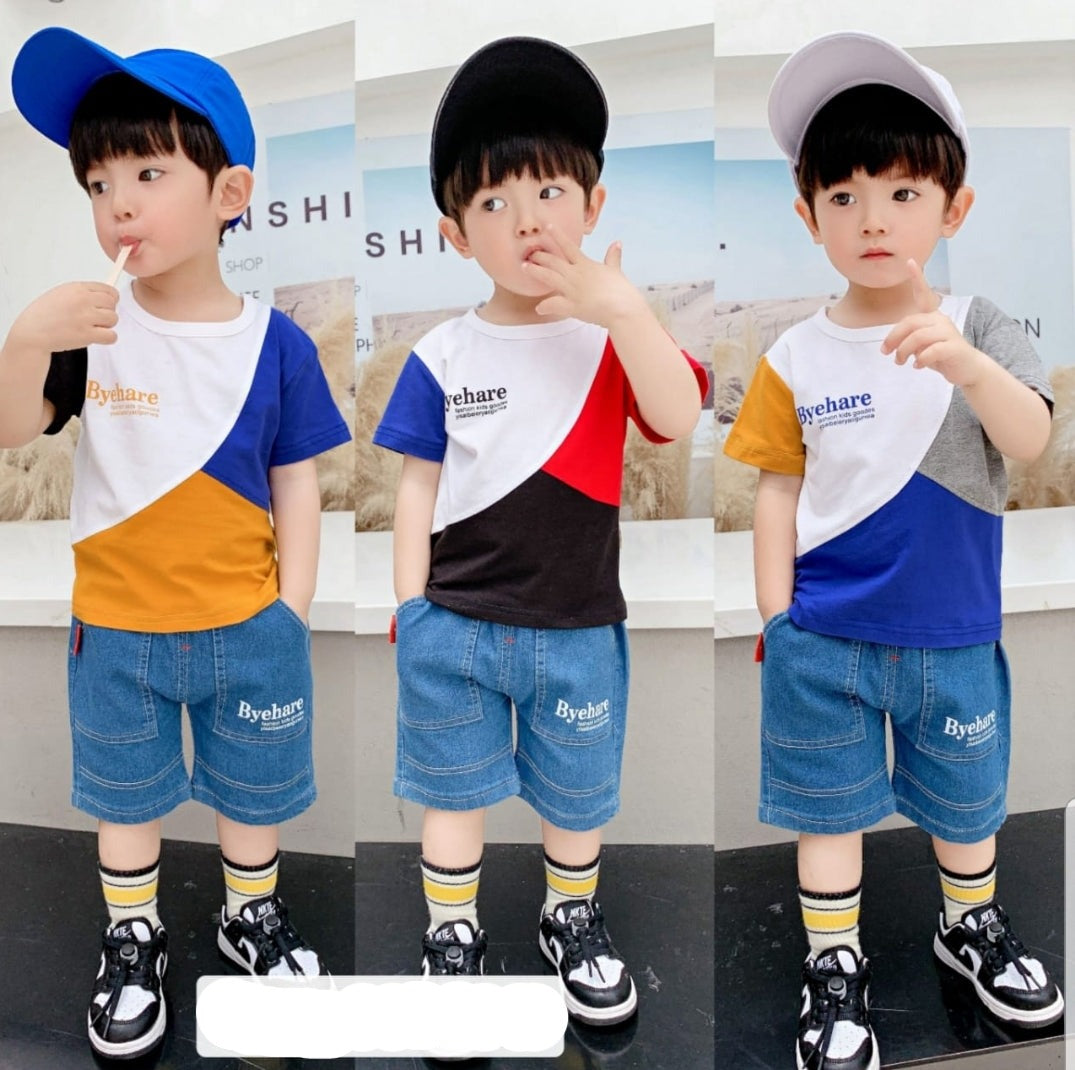 [001398] - Setelan Kaos Celana Pendek Denim Jeans Anak Cowok - Motif Casual Byehare
