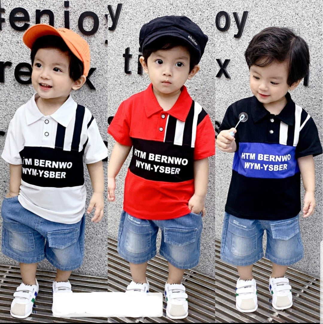 [001399] - Setelan Kaos Kerah Polo Celana Pendek Denim Jeans Anak Cowok - Motif Plain Strip