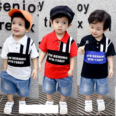 [001399] - Setelan Kaos Kerah Polo Celana Pendek Denim Jeans Anak Cowok - Motif Plain Strip