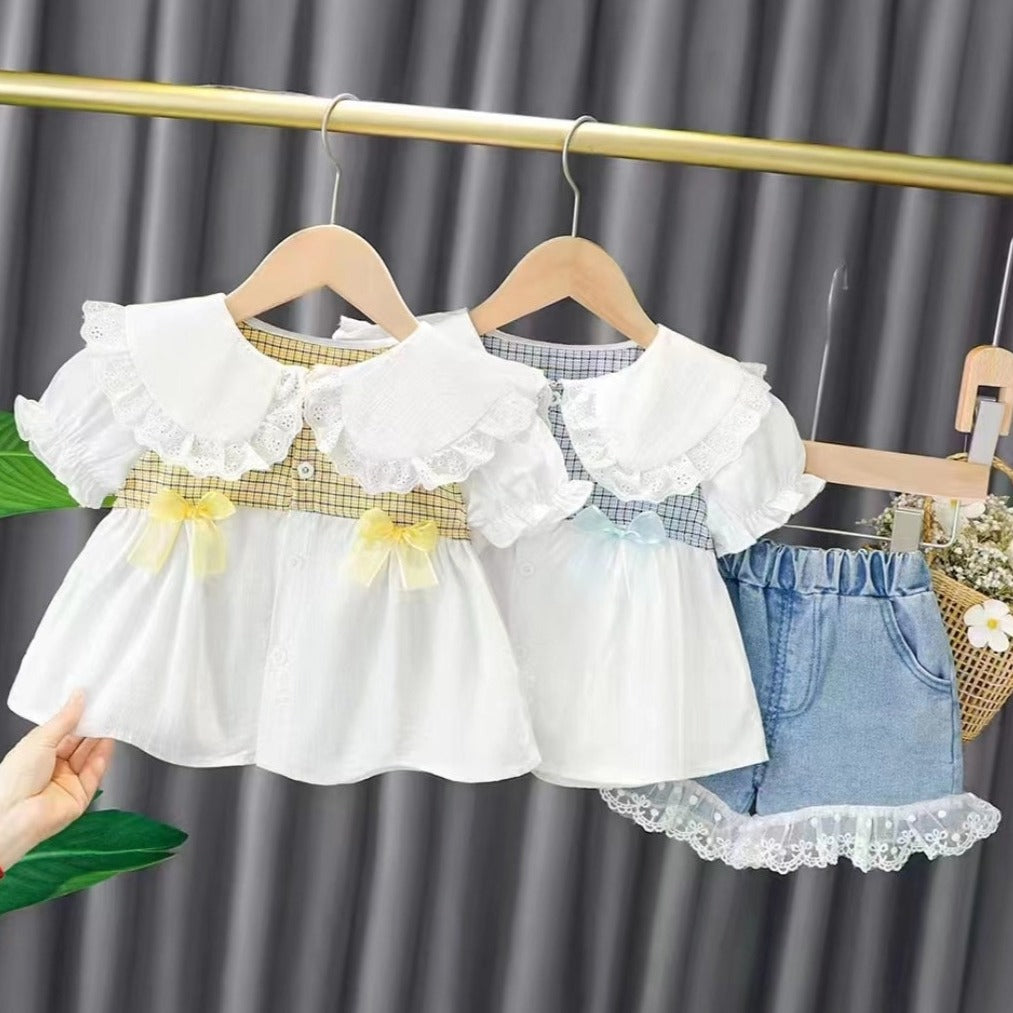[001432] - Setelan Blouse Celana Pendek Jeans Denim Anak Perempuan - Motif Transparent Lace