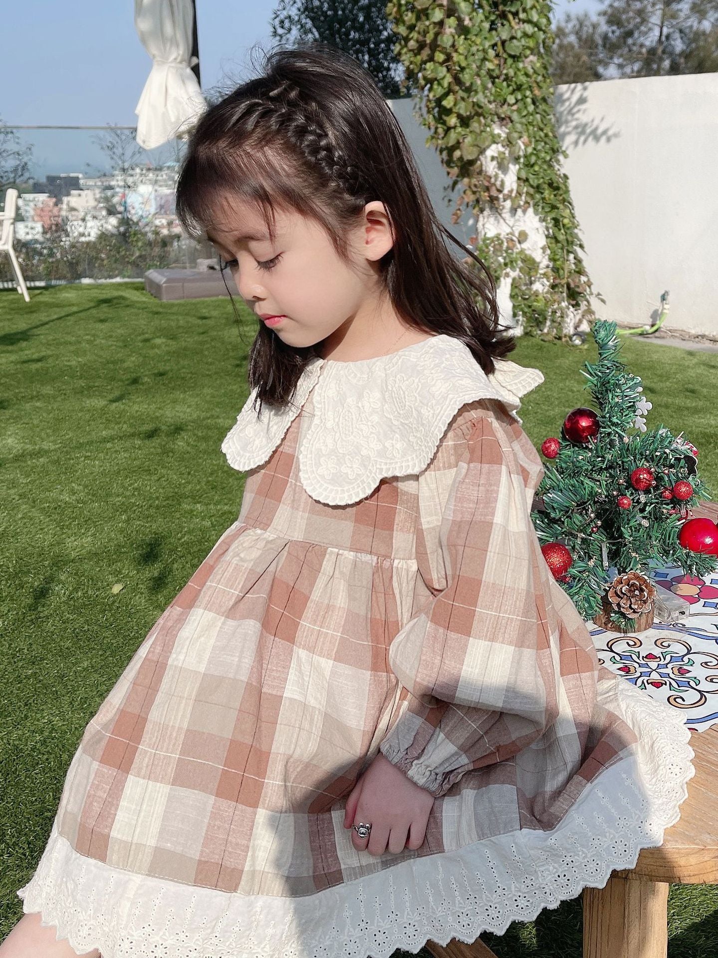 [507684] - Dress Kerah Renda Oversize Import Anak Perempuan - Motif Big Box