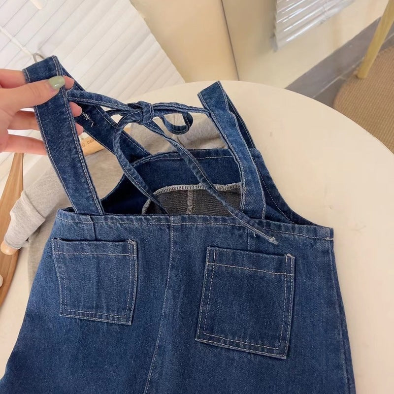 [363528] - Setelan Kaos Mix Overall Kodok Jeans Anak Perempuan - Motif Plain Casual