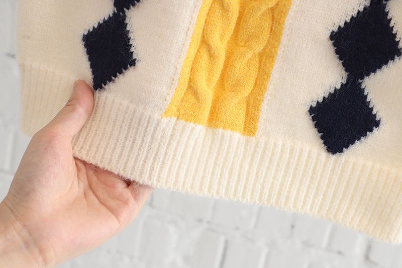 [340219] - Setelan 3 in 1 Kemeja Rompi Rajut Celana Panjang Jeans Anak Cowok - Motif Braid Geometry